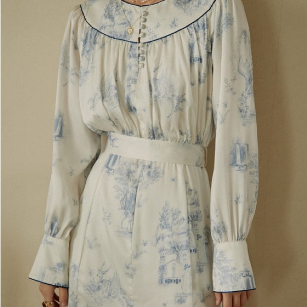 Simple Retro Nasfia Toile Elegant Blue and White Midi Dress